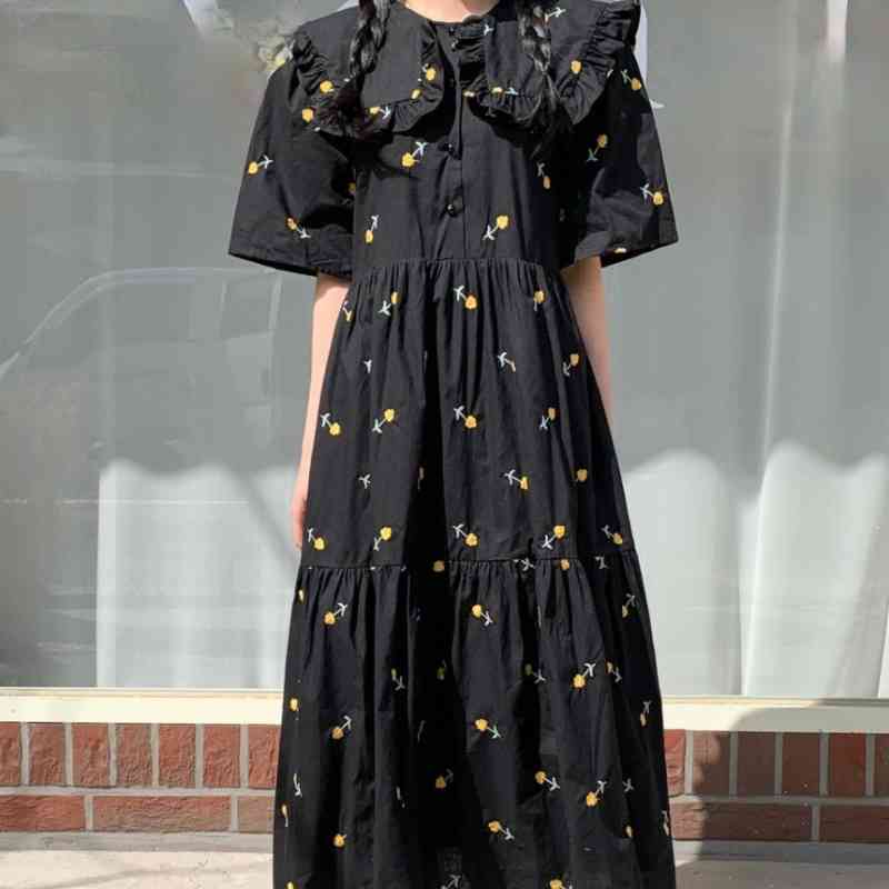 Nomikuma Floral Embroidery Woman Dress Sweet Peter Pan Collar Short Sleeve Dresses Korean Chic Summer Causal Vestidos 6H319 210427