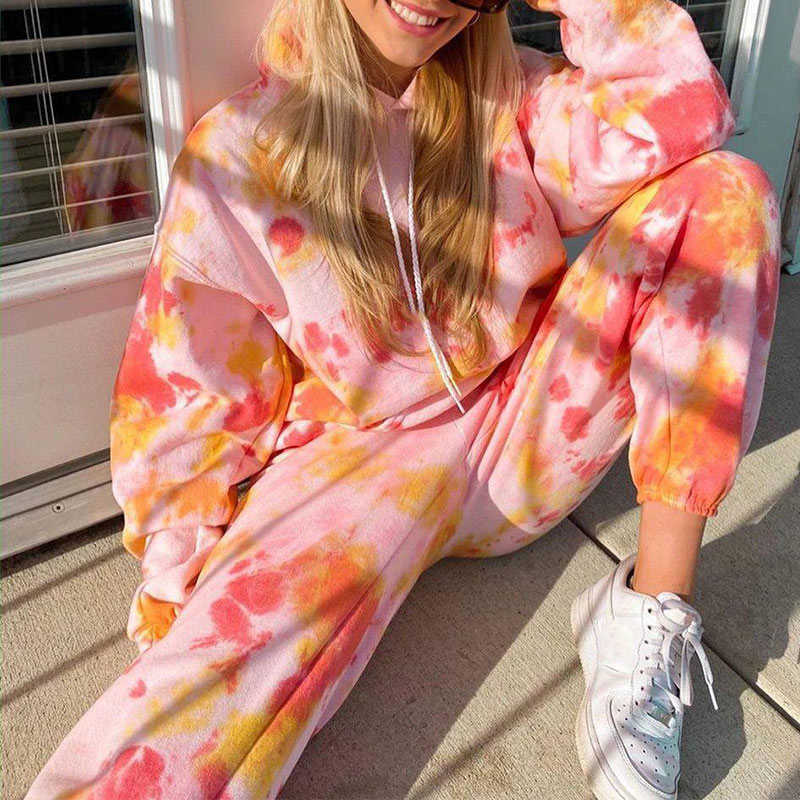 Femme Hoodies Sweatshirt Tie Dye Loose Two Piece Set Pants Lounge Wear Women Tracksuit Blue Outfits Winter Chandal Autumn Mujer 210709