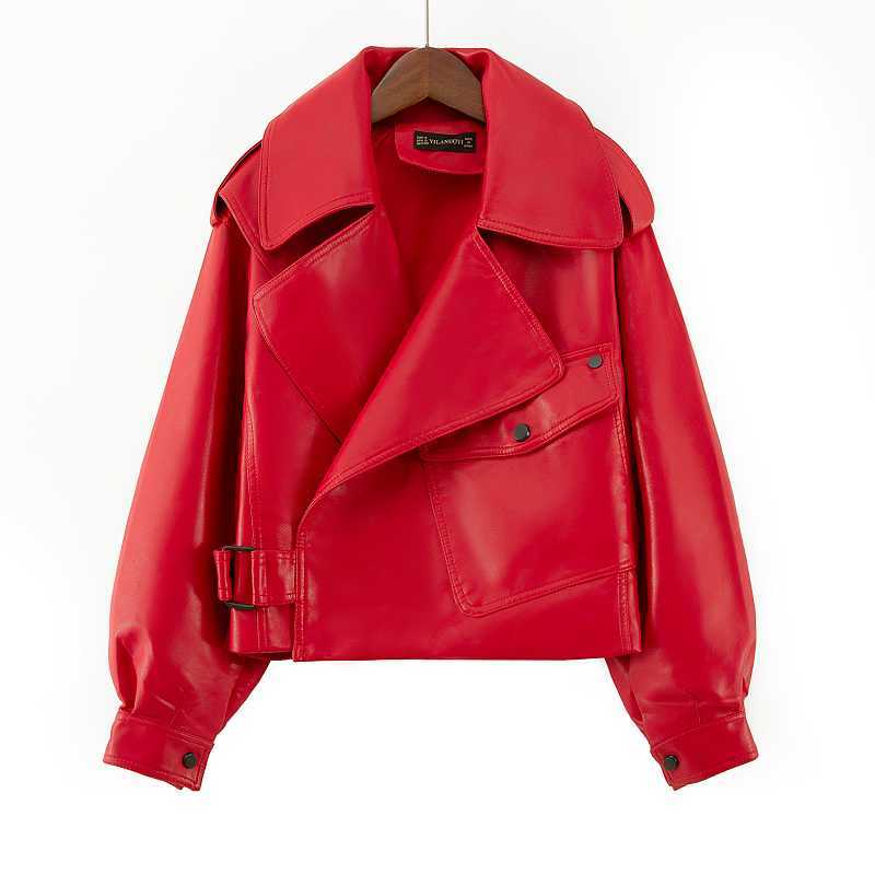 Spring Autumn Women Faux Leather Jacket Turndown Collar PU Motorcycle Loose Coat Female Cool Streetwear Outerwear 210909