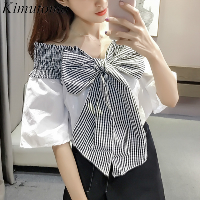 Kimutomo Chic Fashion Blouse Shirt Women Summer Female Slash Neck Off Shoulder Bow Plaid Short Sleeve Tops Elegant 210521, Black
Kimutomo Chic Fashion Blouse Shirt Women Summer Female Slash Neck Off Shoulder Bow Plaid Short Sleeve Tops Elegant 210521, Black
