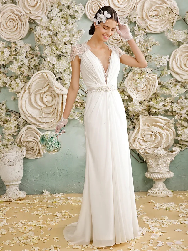 Wedding Dress 2022 Bridal Gown V Neck Sweep Train Chiffon Sheer Lace Short Sleeve Beads Casual Vintage See-Through Plus Size Vestido De Noiva Robe Mar