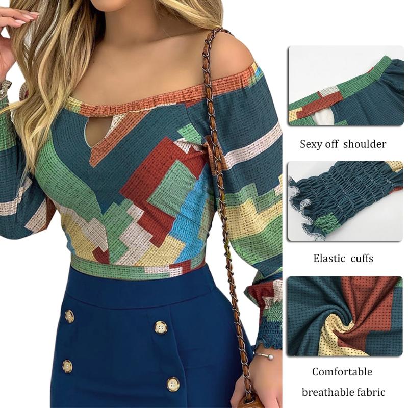 Fashion Women Sexy Boat Neck Hollow Square Dot Print Shoulder Tank Top Blouse Ladies Summer Long Sleeves Crop Tops Women's Blouses & Shirts