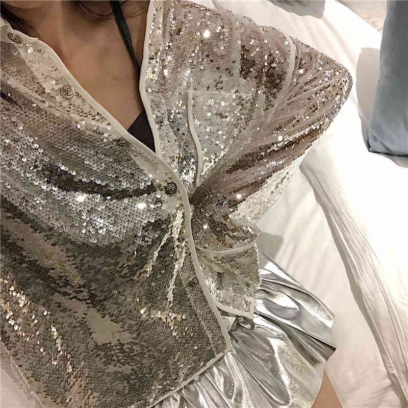 Bling Sequin Blouse Long Sleeve Shirt Women Loose Glitter White Black See Through Top Clubwear Clothes 210427