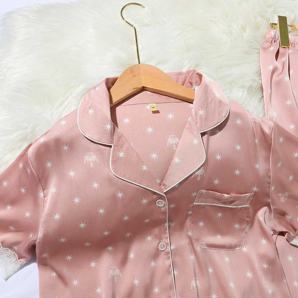 Lisacmvpnel Srping Crown Print Women Pyjamas Lace Sweet Short Sleeve Suit Pajamas Summer Satin Chiffon Soft Touch Sleepwear 210924