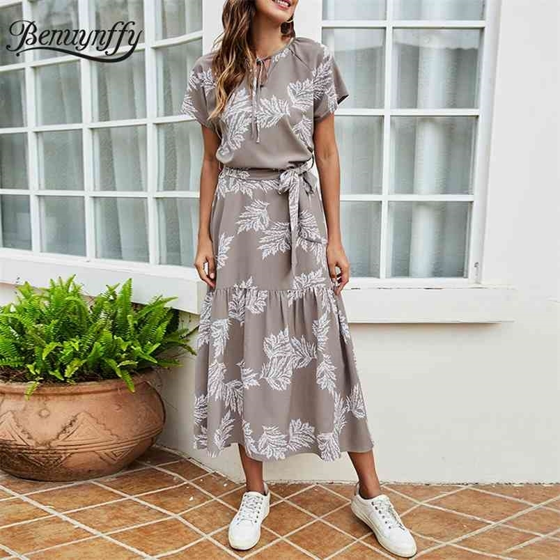 Tie Neck Casual Print Long Dresses with Belt Female High Waist Short Sleeve Women Summer Fit and Frale Dress 210510