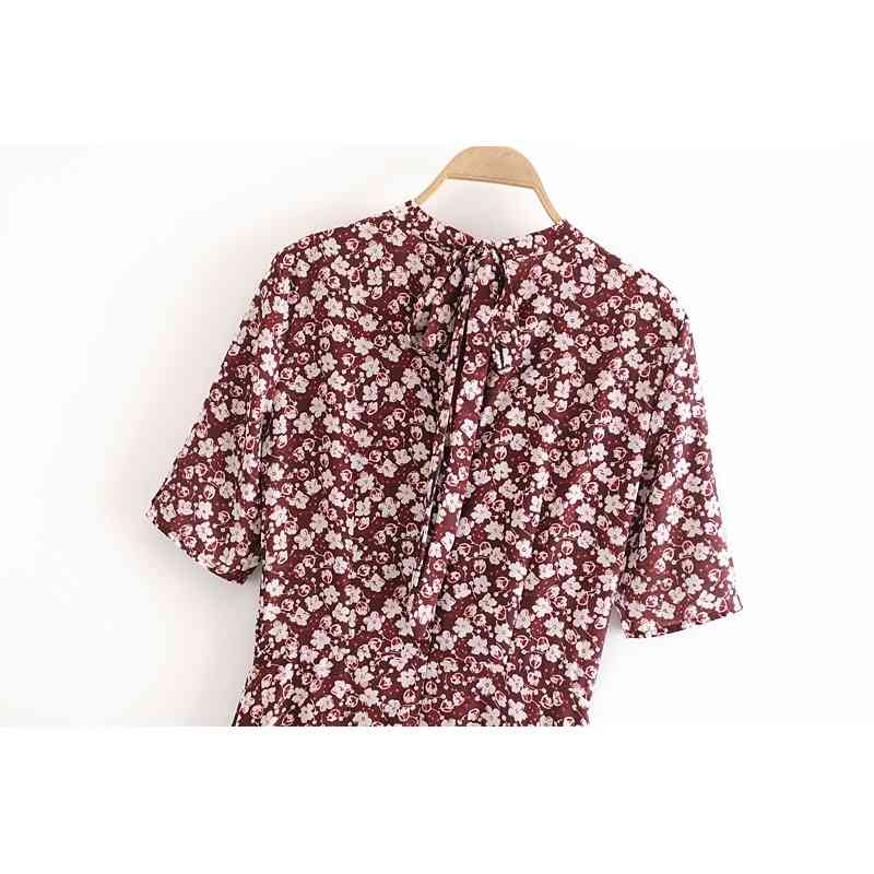 Elegant Women Bandage Tie Bow Backless Floral Print Short Sleeve Vintage Dress Ladies A line Back Strap Midi Dresses 210429