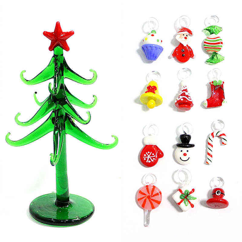 Murano Glass Plant Crafts Figurines Ornaments Home Decor Simulation Christmas Tree Small Sculpture With 12 Pendant Accessories 211108