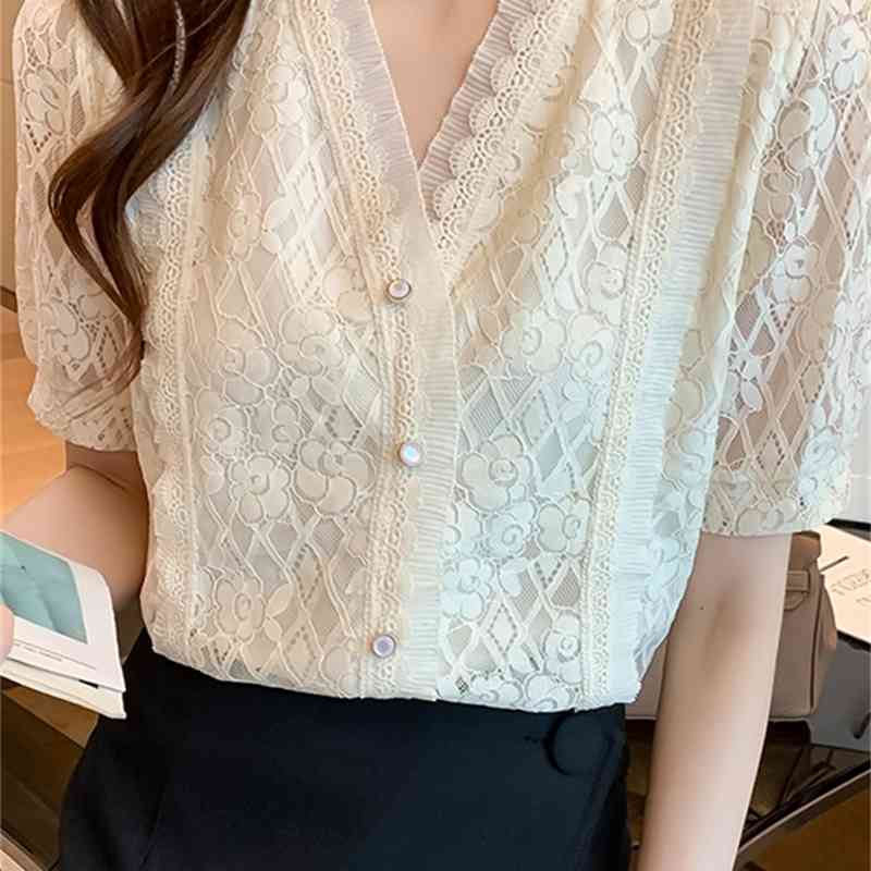 Summer Korean Lace Women Shirts Woman Short Sleeve Blouse Chiffon Blouses Office Lady White Tops Plus Size XXL 210531