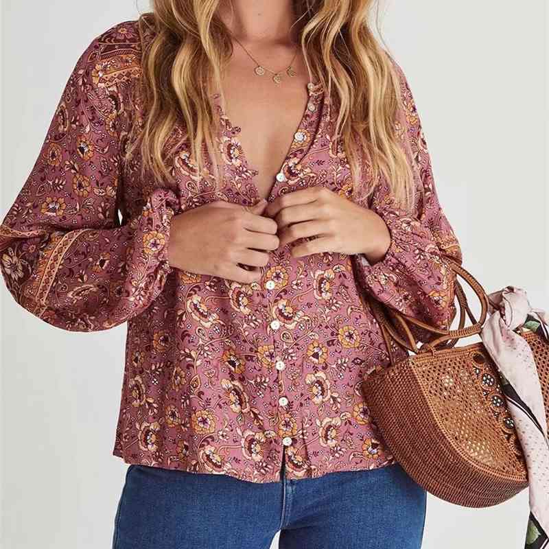 Autumn Bohemian Single-Breasted Button O neck Floral Print Long Sleeve Shirt BOHO Holiday Women Blouse Loose Causal Tops 210429