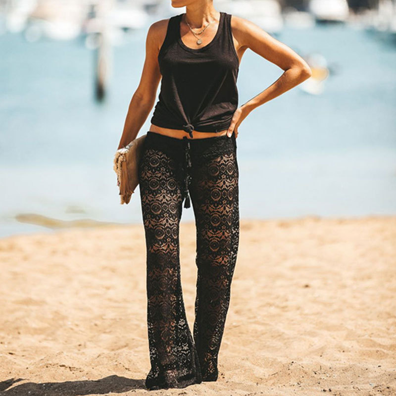 Women' Lace Pants Flared Crochet Long Pant Elastic Waist with Drawstring Casual Wide Leg Trousers for Summer See Through Loose Bottoms, Black
Women' Lace Pants Flared Crochet Long Pant Elastic Waist with Drawstring Casual Wide Leg Trousers for Summer See Through Loose Bottoms, Black