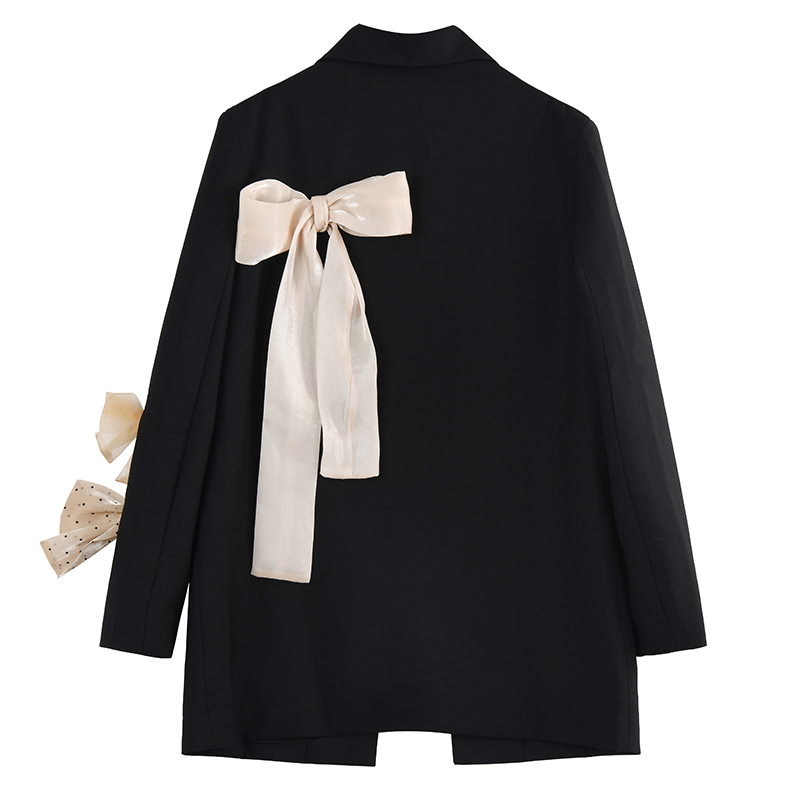 [EAM] Women Black Big Size Casual Bow Brief Blazer Lapel Long Sleeve Loose Jacket Fashion Spring Autumn 1DD7886 210512
