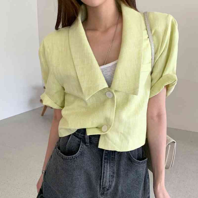 Temperament Fashion Summer Yellow Short Sleeve Two Buttons Jackets Women Loose Casual Wild Turn Down Collar Coat Tops 210429