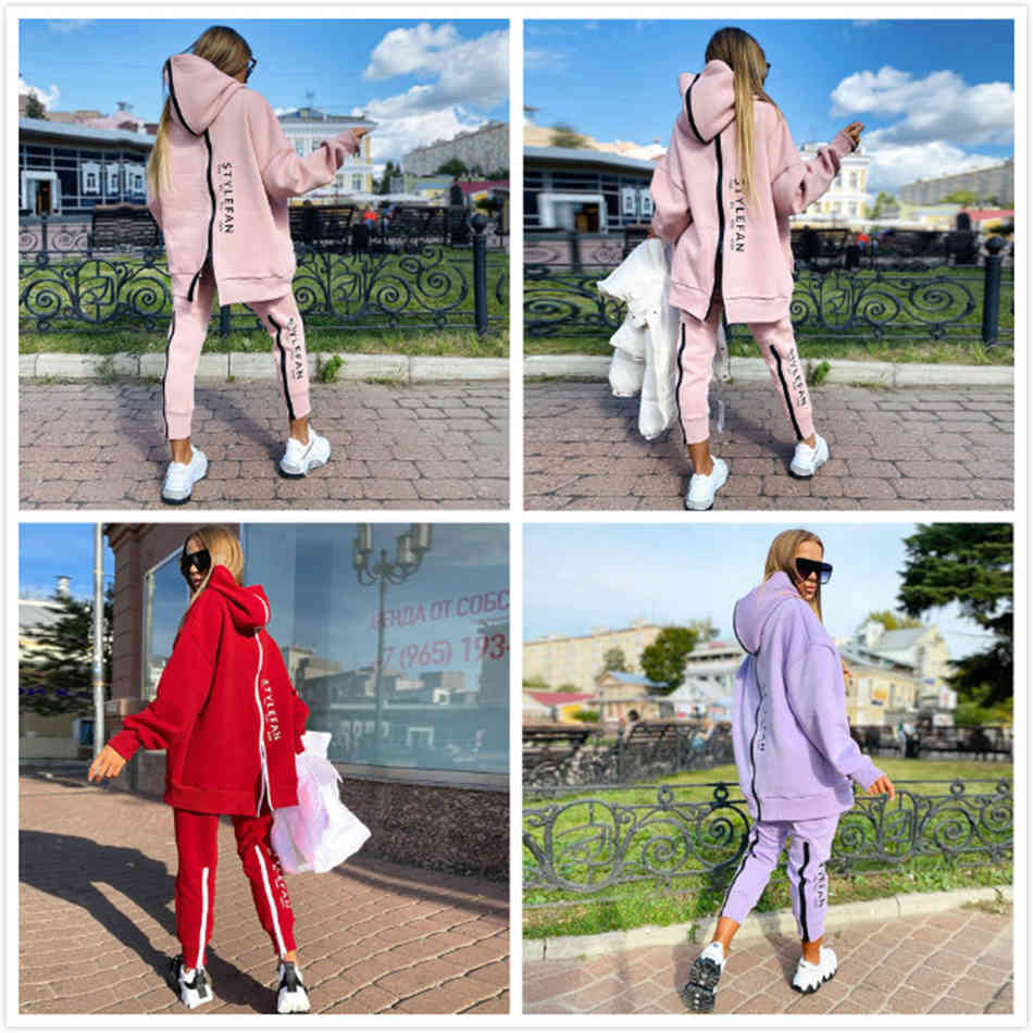 Free Women's Loose Letter Sports Suit Casual Zipper Long Sleeve Hooded Collar Sweater and Pants Two-Piece Set 210524