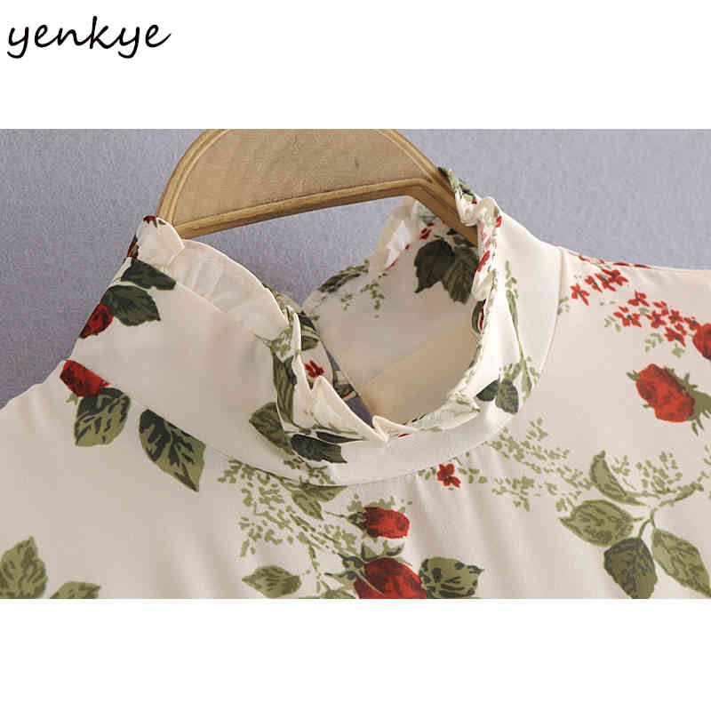 YENKYE Vintage Prairie Chic Floral Print Dress Women High Neck Long Sleeve Casual Summer Chiffon Dress Short Robe Femme 210515