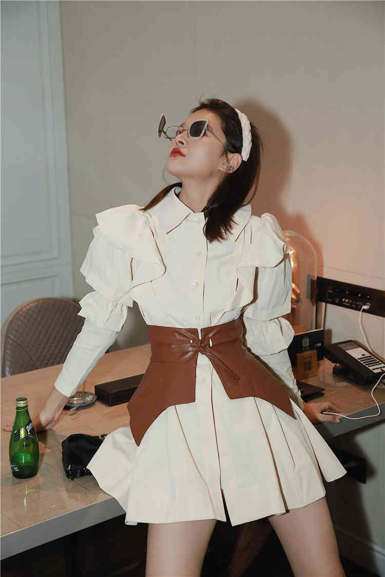 Autumn Ruffle Long Sleeve Shirt Dress Women Beige Button Up Collar Mini Tunic Puff Fashion 210427