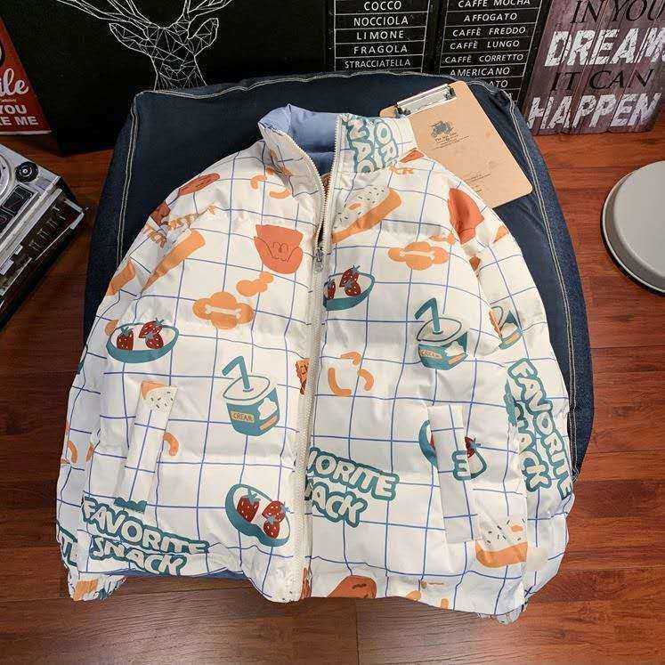 Woherb Reversible Parka Women Harajuku Winter Jackets Cartoon Print Padded Coat Vintage Loose Wadded Jacket Mujer Chaqueta 211007wtt