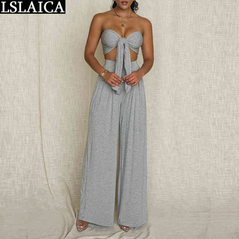 Sexy 2 Piece Set Women Solid Sleeveless Strapless Wide Leg Pants Sets Fashion Female Outfits Clubwear Casual Conjuntos De Mujer 210520