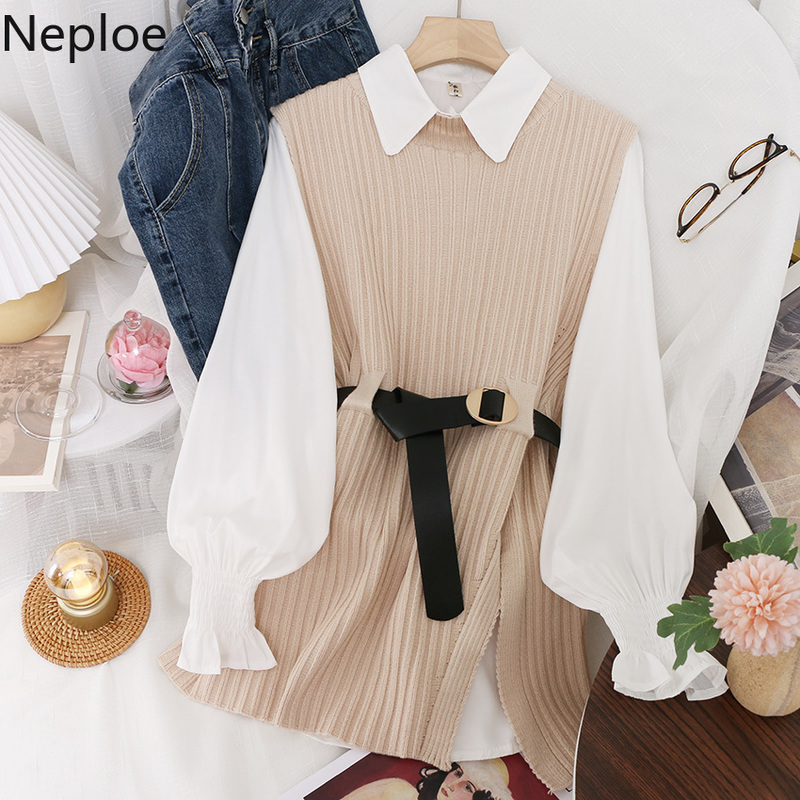 Neploe Korean Chic Suit Two Piece Outfits Women Fall Clothes White Shirt Tops Knit Bandage Sweater Vest Femme Roupas 2 Piece Set 210422