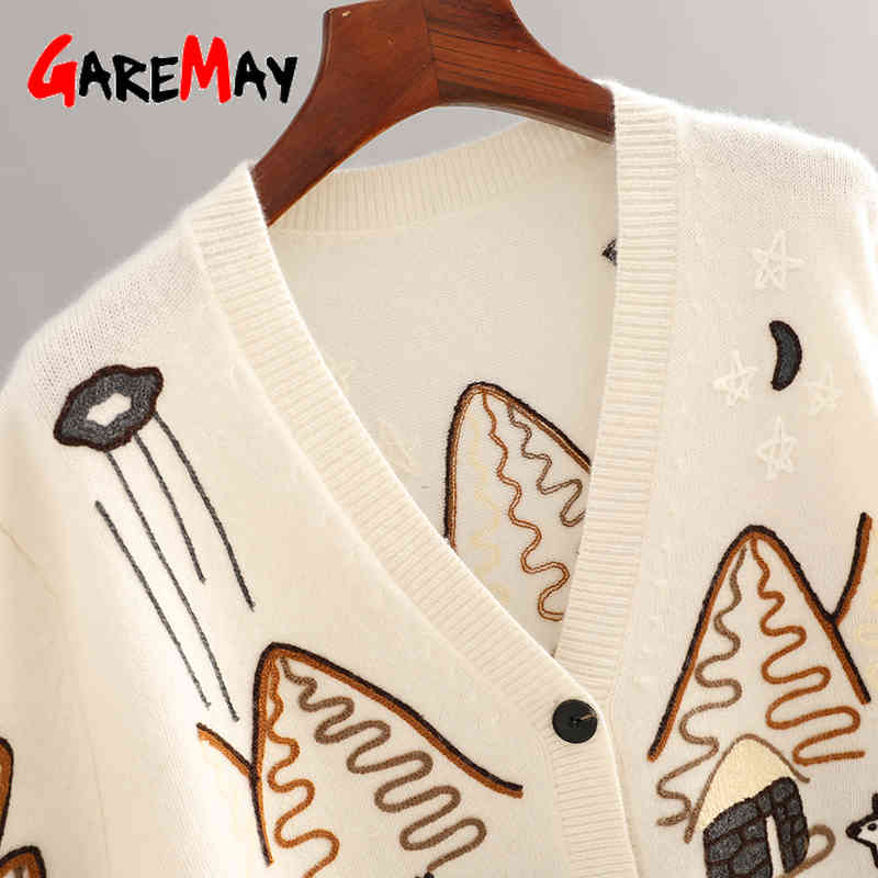 Knit Fall Cardigans Women Loose Vintage Streetwear Sweater Button Cartoon Cute Print V Neck Knitted Cardigan for 210428