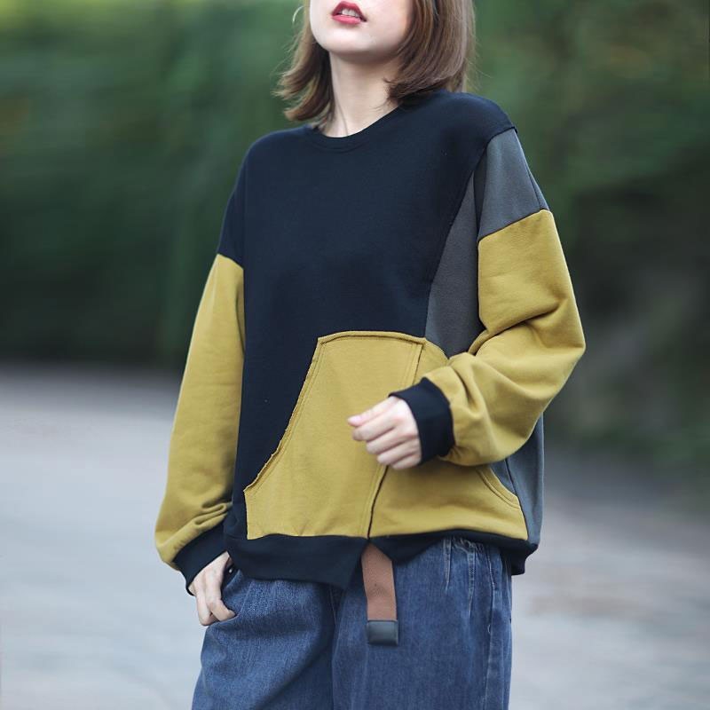 Spring Autumn Arts Style Women Loose Casual O-neck Pullovers Asymmetry Patchwork Cotton Long Sleeve Hoodies Big Size S102 210512