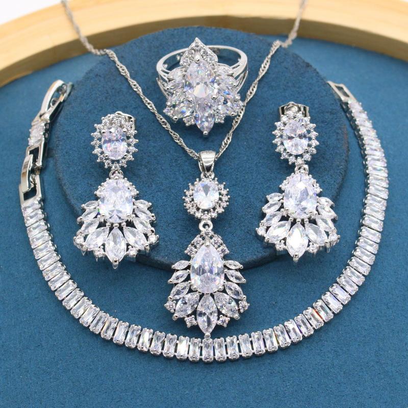 Earrings & Necklace Luxury White Zirconia Silver Color Jewelry Sets For Women Bridal Bracelet Ring Party Gift Box
Earrings & Necklace Luxury White Zirconia Silver Color Jewelry Sets For Women Bridal Bracelet Ring Party Gift Box