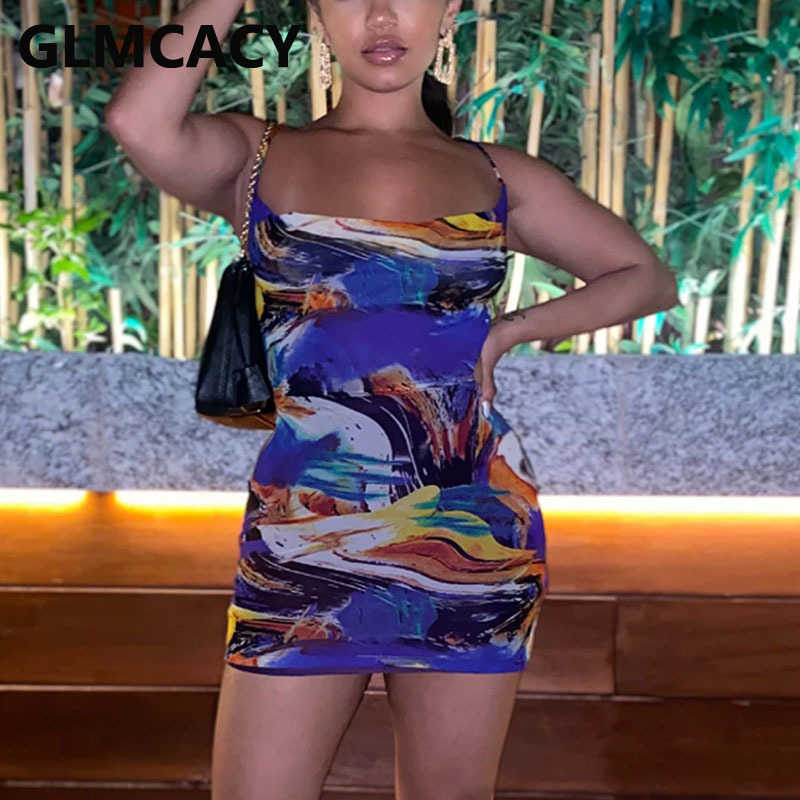 Abstract Tie Dye Bodycon Mini Dress Spaghetti Strap Sexy Party Club Dresses 210702