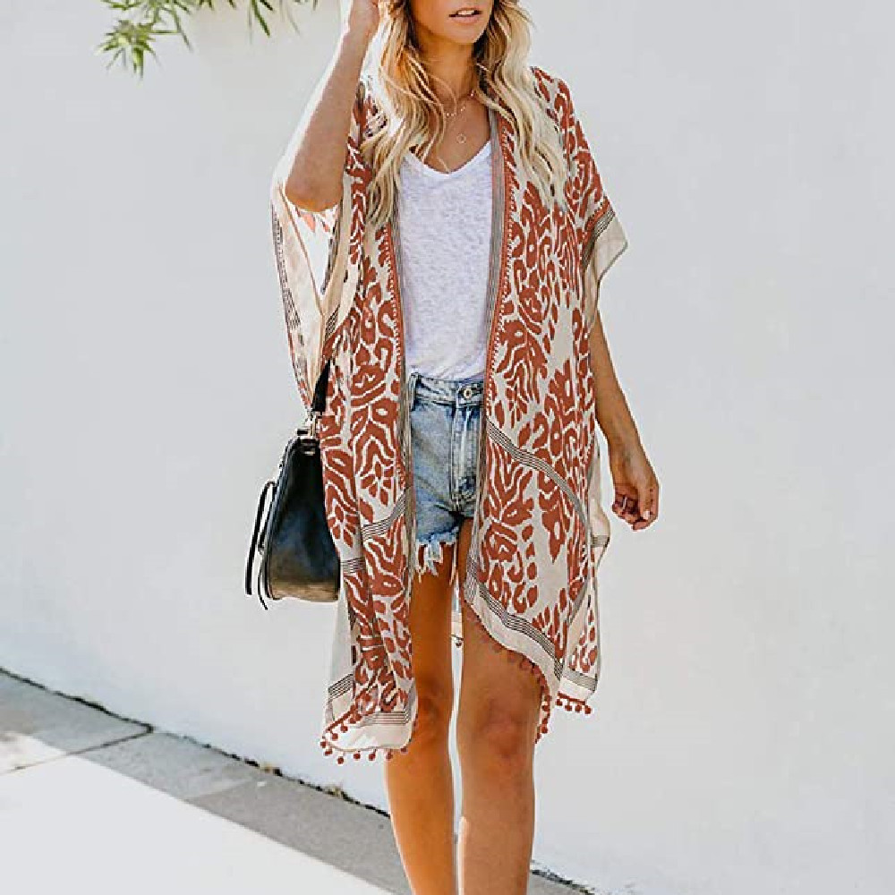 Boho Bikini Cover-ups Bohemian Printed Plus Size Kimono Cardigan Cotton Tunic Women Beach Wear Bathing Suit Cover Up A367 210420