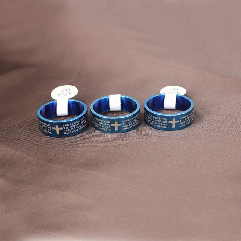 Stainless Steel Spanish Scripture Cross Finger Ring for Men Women Black Blue Silver Fashion Rings Factory Direct Price