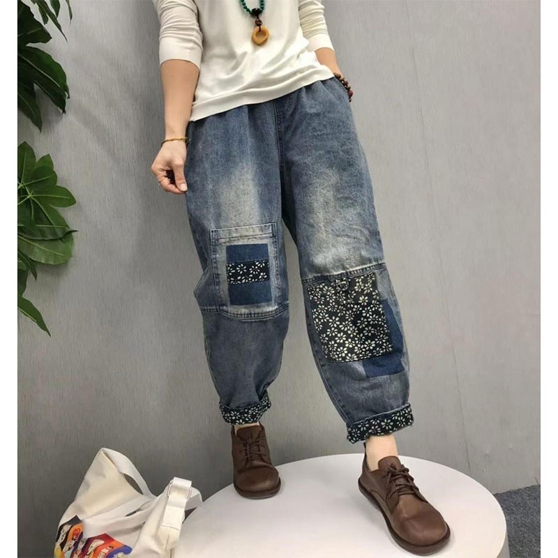 Arrival Spring Arts Style Women Elastic Waist Loose Vintage Jeans Casual Patchwork Print Cotton Denim Harem Pants V296 210512
