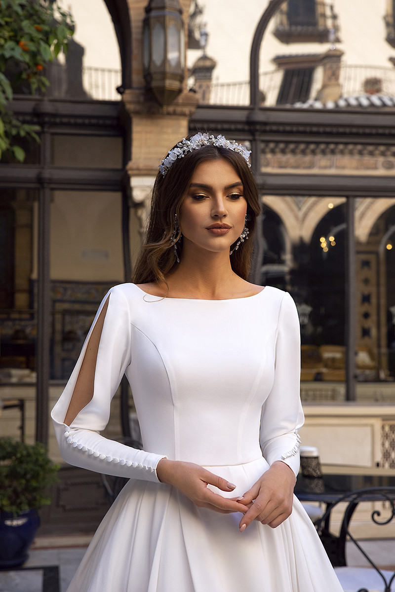 2021 Elegant Satin Princess Wedding Dress Long Sleeve Bridal Gowns Low Back Caftan Bride Dresses Vestido De Noiva Muslim