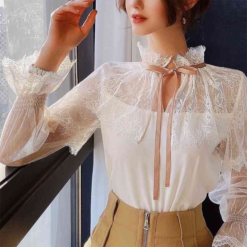 Dabuwawa Bow Tie Lace Women Blouse Shirt Hollow Out Chiffon Female Vintage Blouse Tops Ruffle Sleeve Ladies Blouses DO1AST025 210520