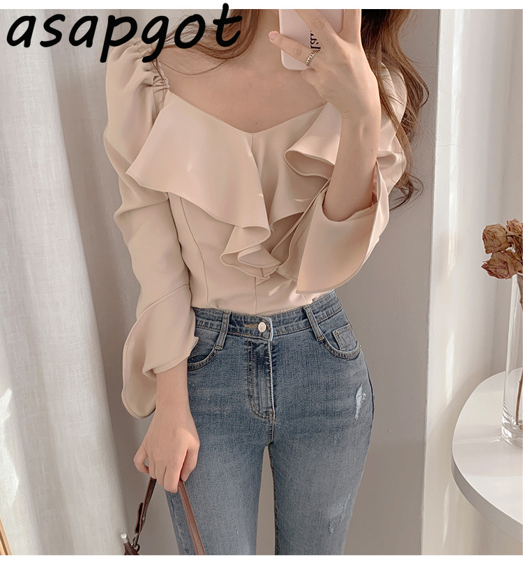 Temperament Shirts & Blouses Retro Slim V Neck Flare Sleeve Blouse Women Clothing Full Khaki Tops Elegant Chic Blusas De Mujer 210429