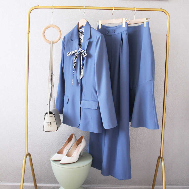 High Quality Women's Spring and Autumn Blue Double-breasted Suit Temperament Waist Wide Leg Trousers 2-piece Set 210527, Blazer skirt
High Quality Women's Spring and Autumn Blue Double-breasted Suit Temperament Waist Wide Leg Trousers 2-piece Set 210527, Blazer skirt