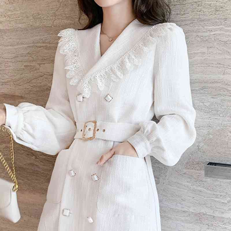 Women Tweed Vintage Woolen White Dress Elegant Double Breasted OL Winter Long Sleeve Vestidos 210520