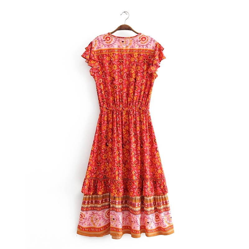 beauty Fashion Boho Floral Print Midi Dress Women Holiday Chic Hollow Out Dresses Female Summer Ruffles Beach Wear 210514