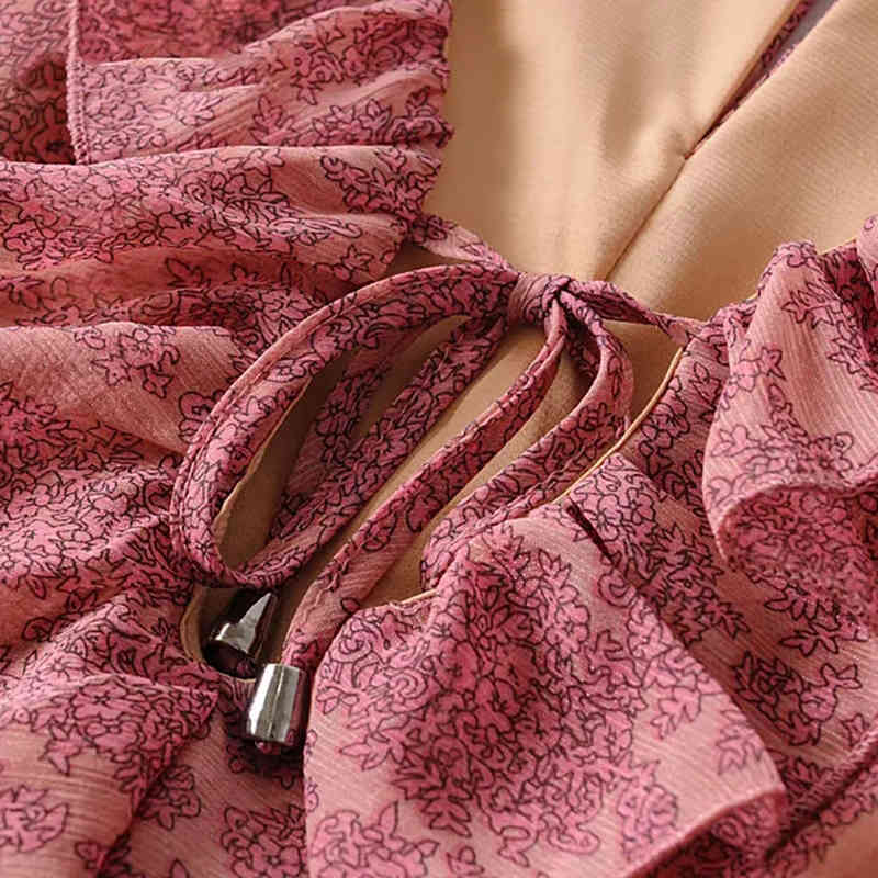 Women Chic Summer Chiffon Bodysuit Ruffled Floral Print Boho Party Romper Jumpsuit Flare Long Sleeve Beach Playsuit 210515