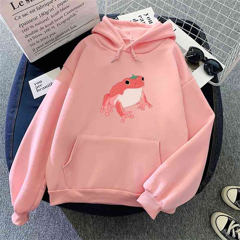 Frog Sweatshirt Oversized Clothes Harajuku Long Sleeve Hooded Kawaii Hoodie for Girls Women Hoodies Pocket Pink Sweatshirts 210729