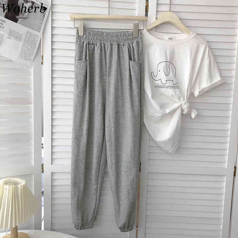 Solid All Match Haren Pants Women Summer Loose Elastic High Wasit Joggers Casual Sweatpants Female Pantalones Mujer 210519