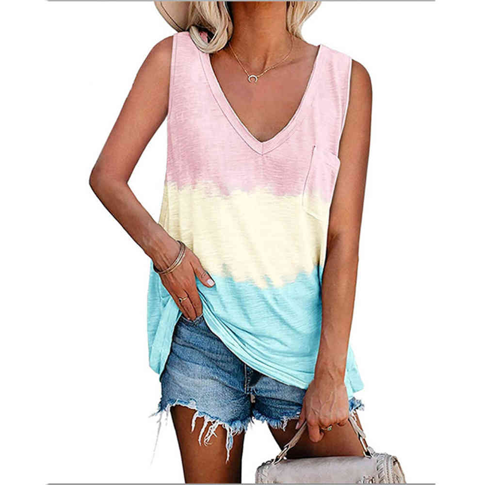 Summer Tie-dye Vest Women Casual V Neck Sleeveless Printed With Pocket Top Ladies Daily Loose Tank Tops Female Fashion Waistcoat 210522
