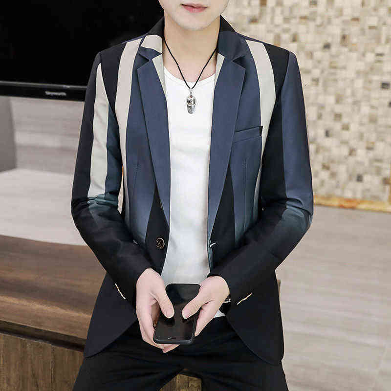 Men Striped Blazer Hombre Stylish Spring Trend Personality Color Contrast Masculino Slim Fit Homme 211120