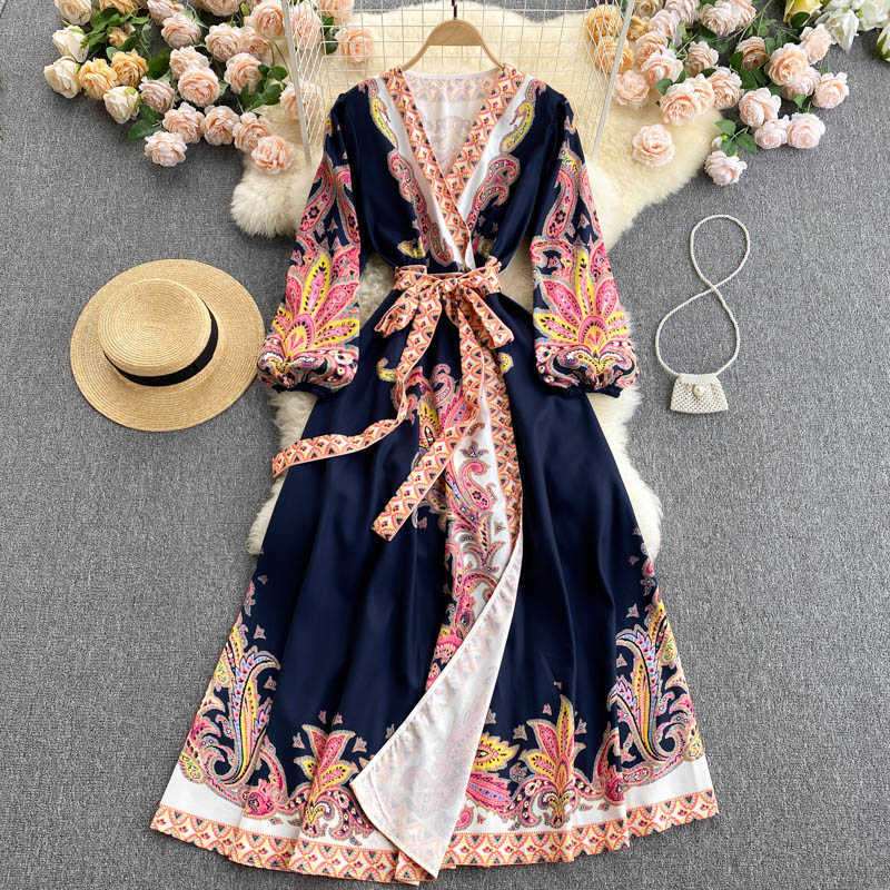 DEAT Women Printing Belt Dress V- Neck Long Puff Sleeve Arrivals Lady Temperament Fashion Spring Summer 11D554 210709