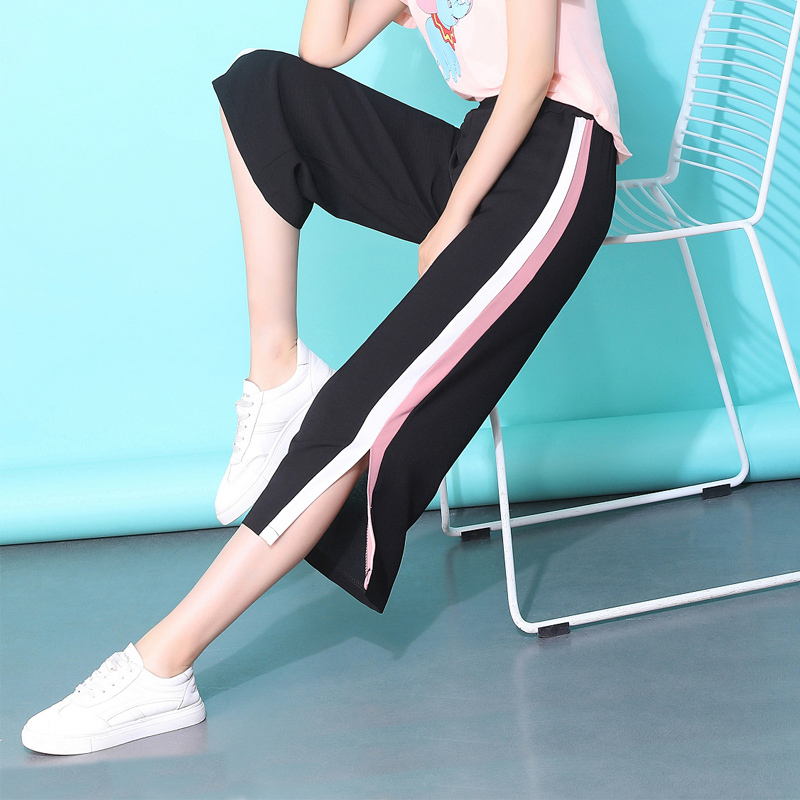 Fashion Women Wide Leg Pants Loose High Waist Side Strip Pant Casual Calf-Length 5178 50 210506