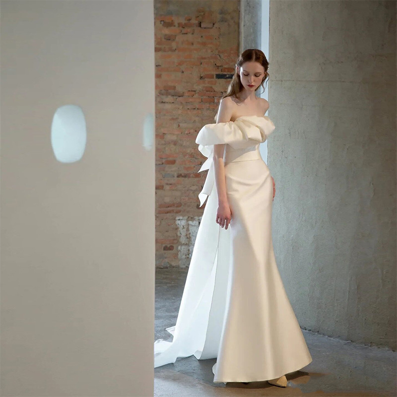 Modern Wedding Dress With Bateau Off Shouder Bridal Gown Custom Made Satin Floor Length Robes De Marie