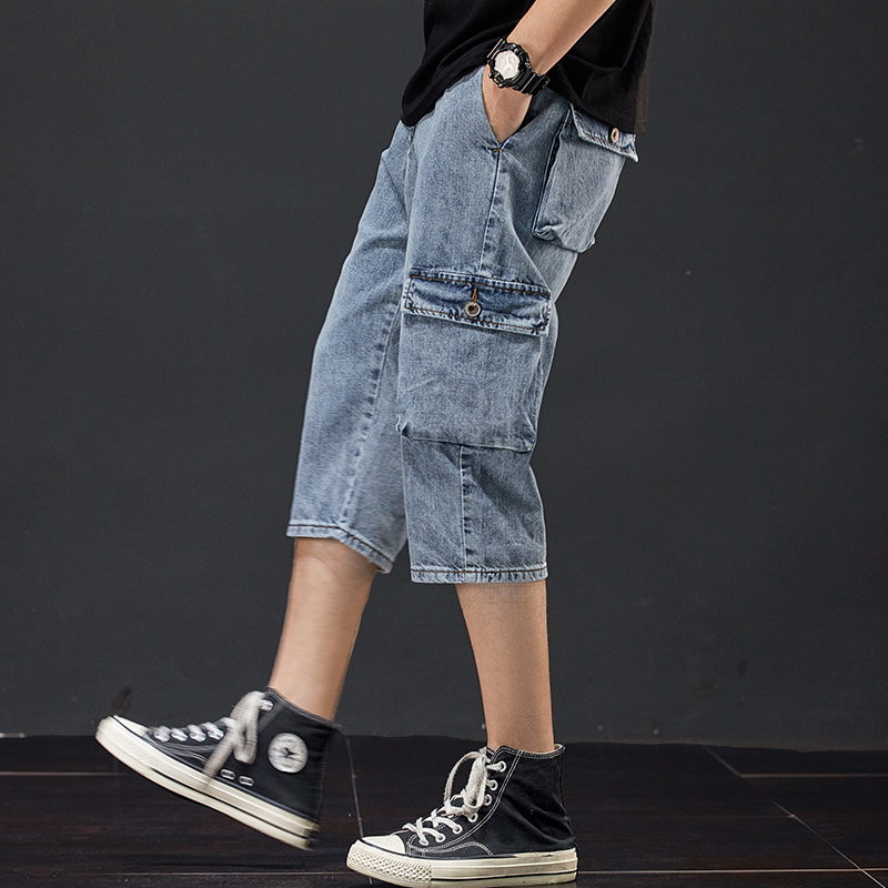 Jeans Shorts Men's Summer Breeches Multi Side Pocket Casual Bermuda Male Straight Long Blue Denim Loose Cargo Shorts Men 210518