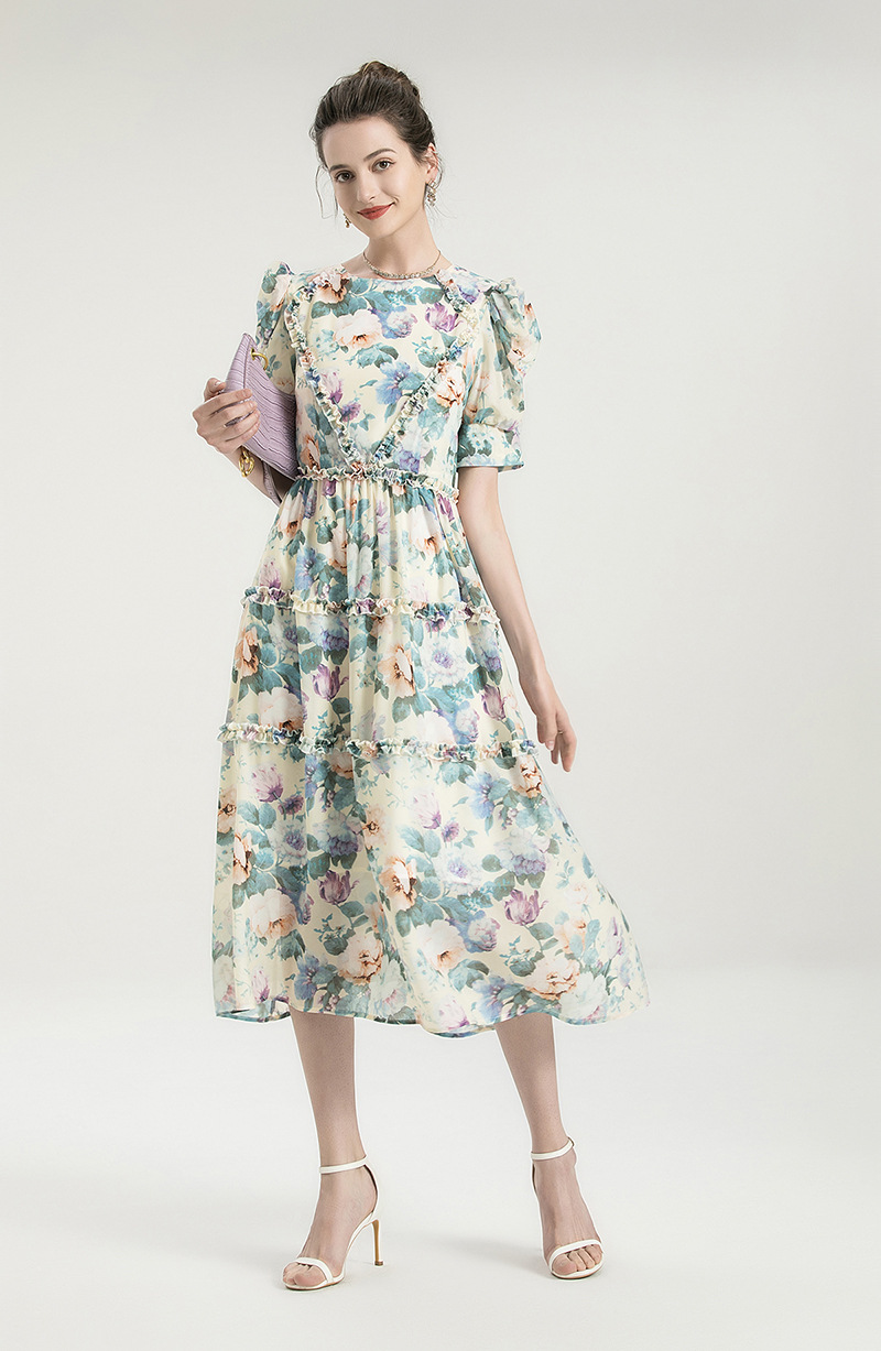 Women's Runway Dresses O Neck Short Sleeves Floral Printed Ruffles Elegant Fashion Mid Dress