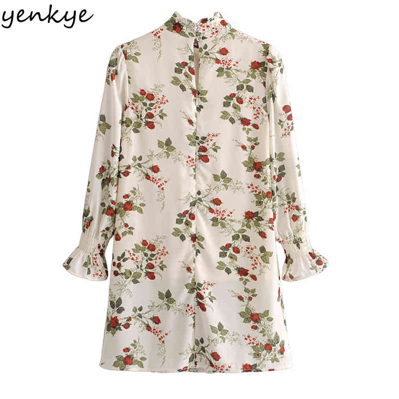 YENKYE Vintage Prairie Chic Floral Print Dress Women High Neck Long Sleeve Casual Summer Chiffon Dress Short Robe Femme 210515