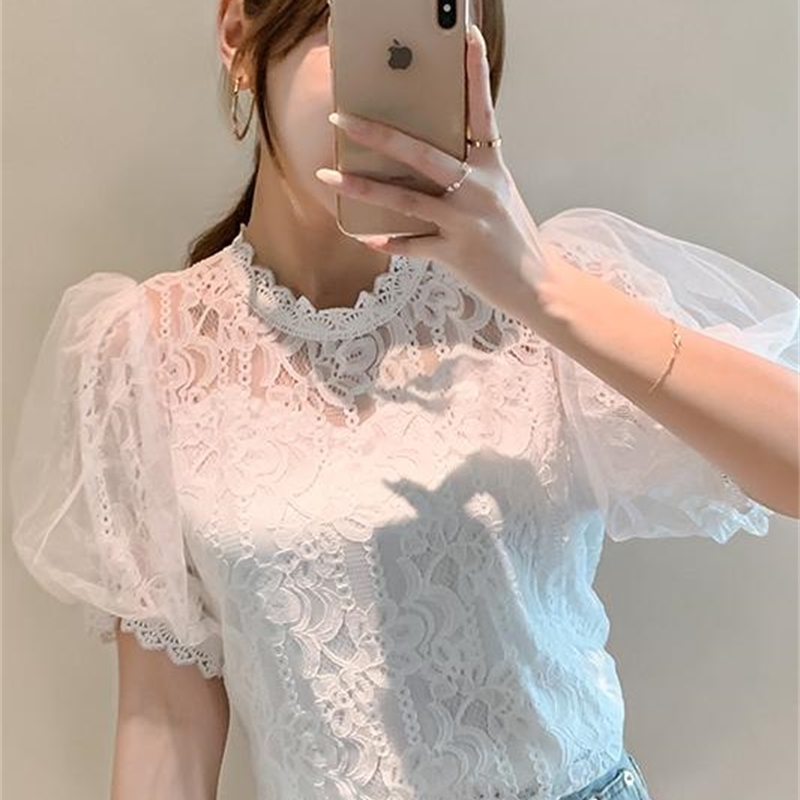 High Street Lace Blouse Women Tops Spring Summer Casual Short Sleeve Hollow Out Korean Clothes Fashion White Tops 210515