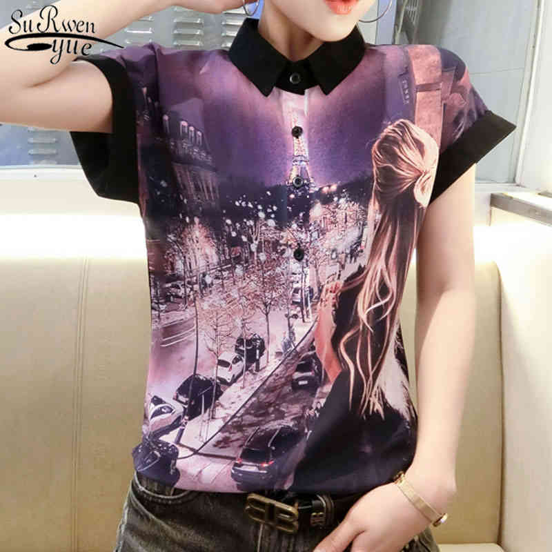 Fashion Women Blouses Printed Button Shirts Streetwear Short Sleeve Chiffon Blouse Ladies Tops Ropa De Mujer 4476 210427