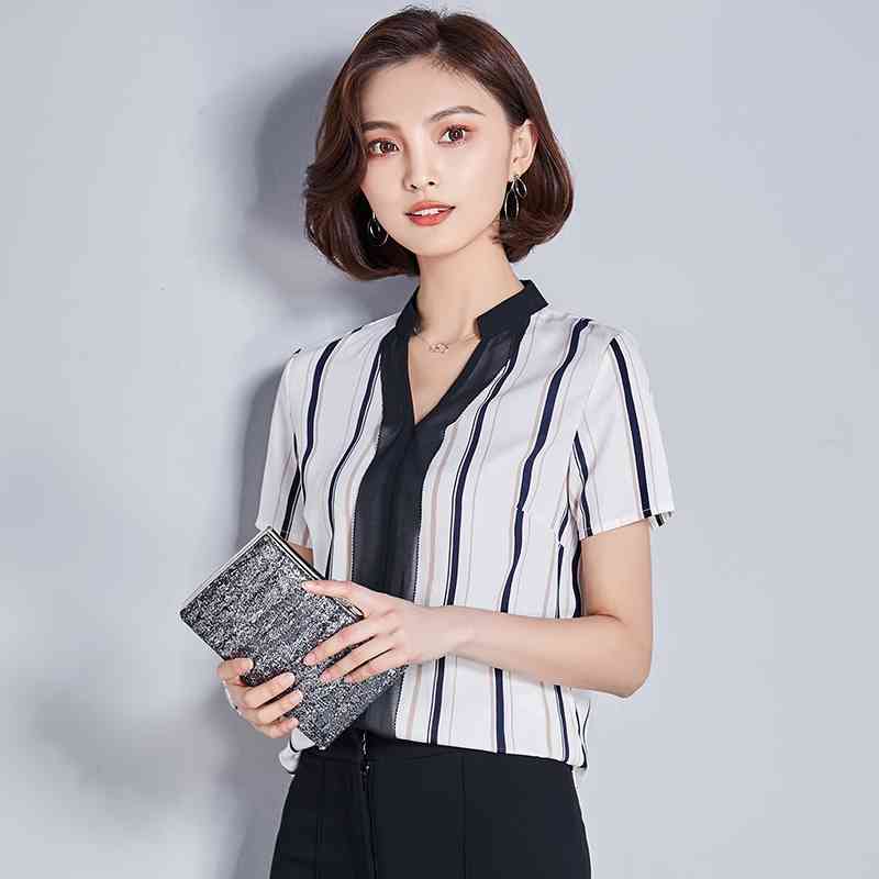 summer office lady blouses shirts short sleeved striped women clothing slim fashion chiffon 0289 40 210506