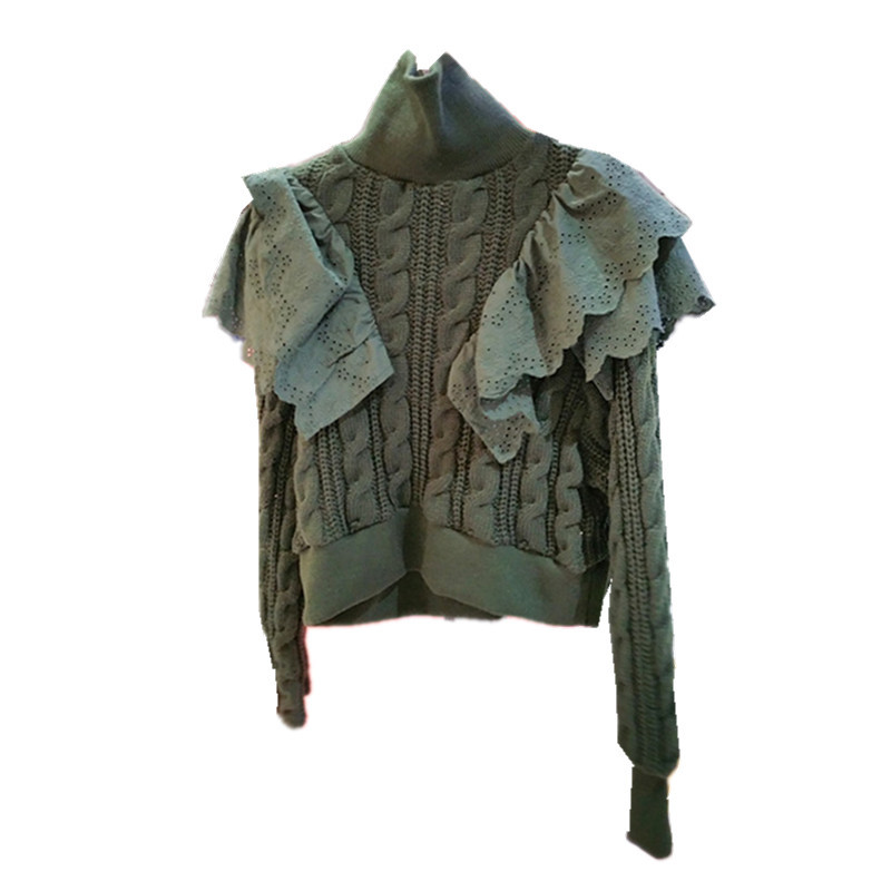 Nomikuma Knitted Twist Women Sweater Lace Ruffle Patchwork Pull Femme Autumn Winter Turtleneck Long Sleeve Pullovers 6C712 210427